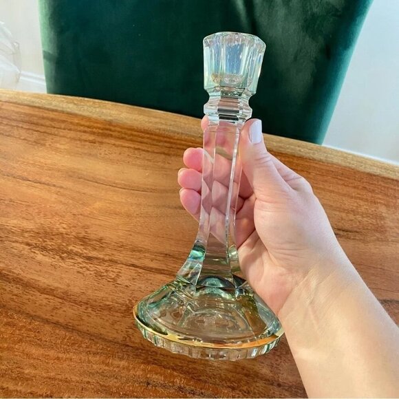 Vintage Italian Lead Crystal Candle Holder in Green and Gold 8.5in - Picture 16 of 16